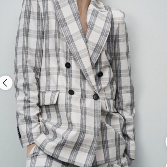 ZARA double breasted cream and grey plaid blazer, S - Picture 1 of 10